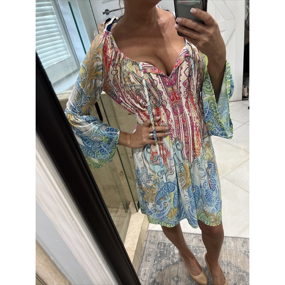 Boston Proper Paisley Bell Sleeve Jersey Cocktail Dress Blue Pink Purple Size 8